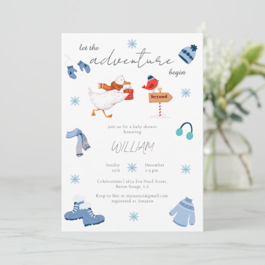Winterblauw avontuur begint Baby shower Kaart (Staand voorkant)