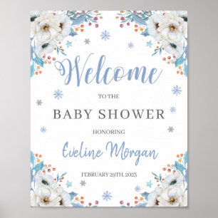 Winterblauw baby shower zilver welkom bord poster