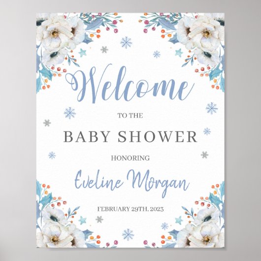 Winterblauw baby shower zilver welkom bord poster (Voorkant)