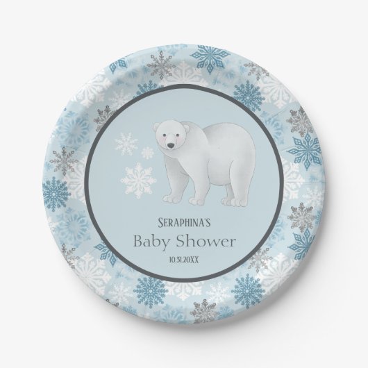 Winterblauw Beer Snowflake Baby shower Papieren Bordje (Voorkant)