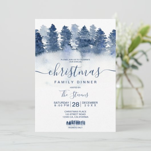 Winterblauw bos waterverf sneeuwkerst kaart (Staand voorkant)