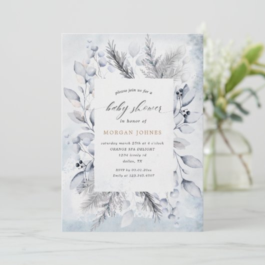 Winterblauw Elegant Bloemen Baby shower Invite (Staand voorkant)
