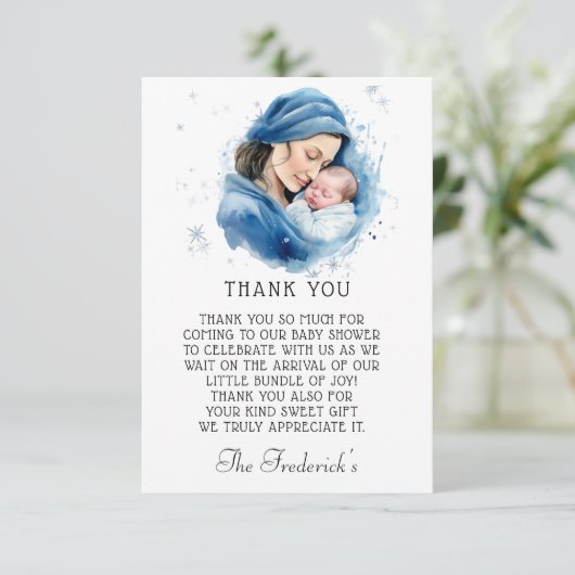 Winterblauw Moeder & Kind Baby shower Bedankt (Staand voorkant)