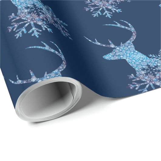 Winterblauw Snowflakes Kerstdeer Cadeaupapier (Rol Hoek)