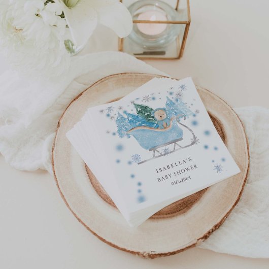 Winterblauw Teddy Bear Sleigh Boy Baby shower Servet