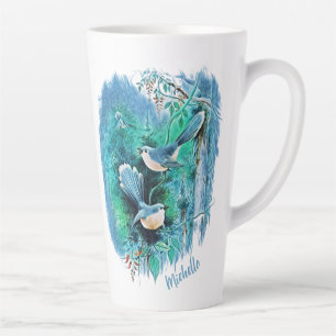 Winterblauw vogelschilderij met naam latte Mok