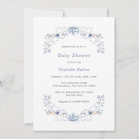 Winterblauw Wildflower Bloemkrans Baby shower Kaart (Voorkant)