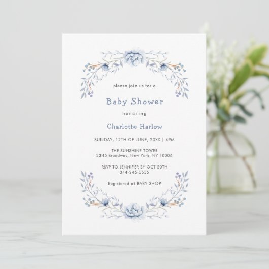 Winterblauw Wildflower Bloemkrans Baby shower Kaart (Staand voorkant)