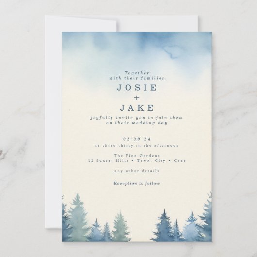Winterblauwe dennenbomen groene bruiloft uitnodigi kaart (Voorkant)
