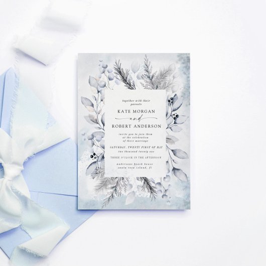 winterblauwe elegant floral bruiloft uitnodiging