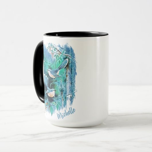 Winterblauwe vogels schilderen met naam mok (Voorkant links)