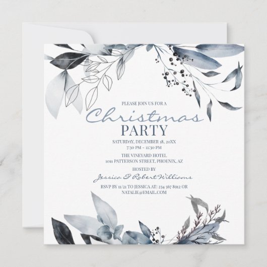 Winterblauwe Waterverf | Kerstfeestdag Kaart (Voorkant)