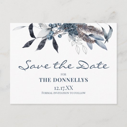 Winterblauwe Waterverf Kerstmis Opslaan datum Aankondigingskaart (Voorkant)