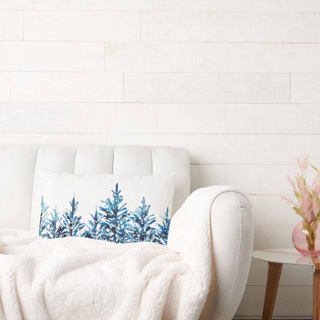 Winterblauwe Waterverf Pine Trees Kussen (Bank)