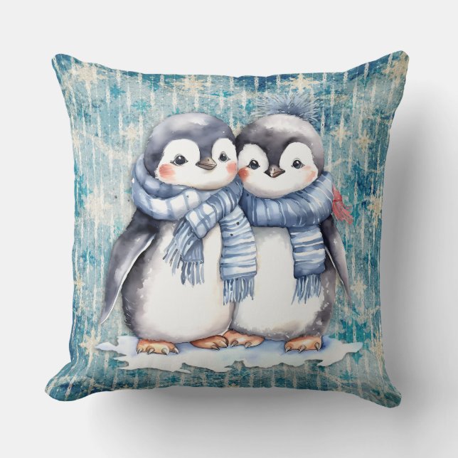 Winterblauwe Waterverf pinguïns met sjaals Kussen (Voorkant)