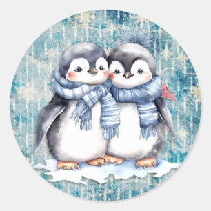 Winterblauwe Waterverf pinguïns met sjaals Ronde Sticker