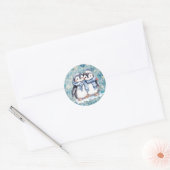 Winterblauwe Waterverf pinguïns met sjaals Ronde Sticker (Envelop)