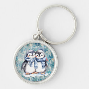 Winterblauwe Waterverf pinguïns met sjaals Sleutelhanger
