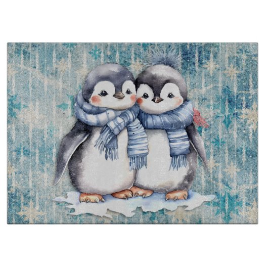 Winterblauwe Waterverf pinguïns met sjaals Snijplank (Voorkant)