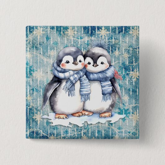 Winterblauwe Waterverf pinguïns met sjaals Vierkante Button 5,1 Cm (Voorkant)