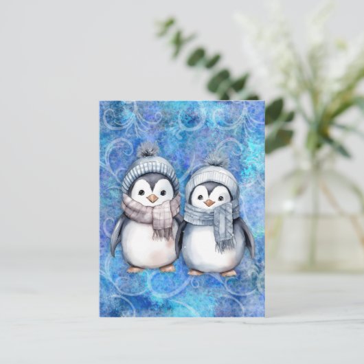 Winterblauwe Waterverf Pinguïns Sjaals Petten Briefkaart (Staand voorkant)