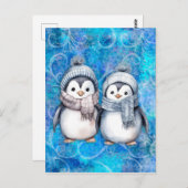 Winterblauwe Waterverf Pinguïns Sjaals Petten Briefkaart (Voorkant / Achterkant)