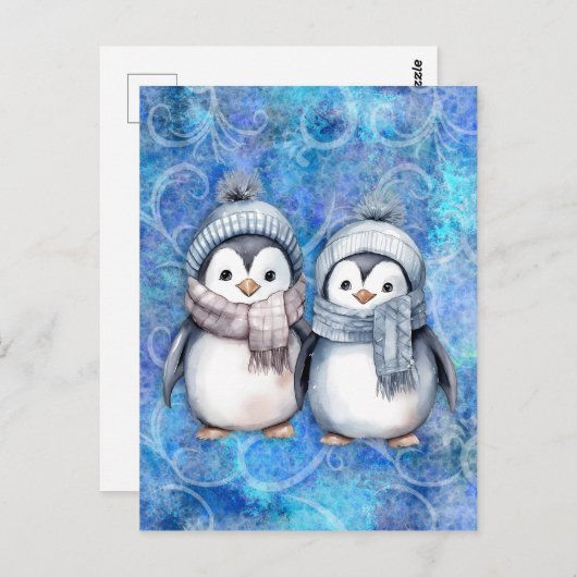 Winterblauwe Waterverf Pinguïns Sjaals Petten Briefkaart (Voorkant / Achterkant)