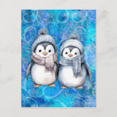 Winterblauwe Waterverf Pinguïns Sjaals Petten Briefkaart (Voorkant)