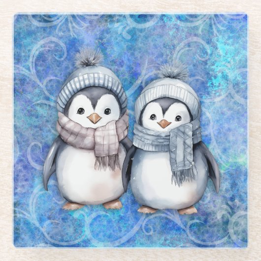 Winterblauwe Waterverf Pinguïns Sjaals Petten Glazen Onderzetter (Voorkant)