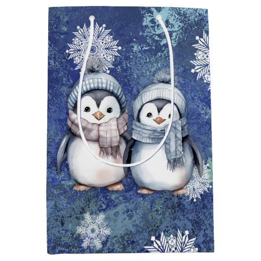 Winterblauwe Waterverf Pinguïns Sjaals Petten Medium Cadeauzakje (Voorkant)
