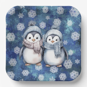 Winterblauwe Waterverf Pinguïns Sjaals Petten Papieren Bordje