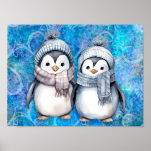 Winterblauwe Waterverf Pinguïns Sjaals Petten Poster