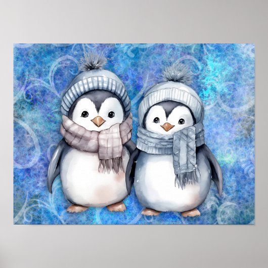 Winterblauwe Waterverf Pinguïns Sjaals Petten Poster (Voorkant)
