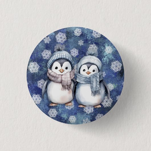 Winterblauwe Waterverf Pinguïns Sjaals Petten Ronde Button 3,2 Cm (Voorkant)