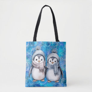 Winterblauwe Waterverf Pinguïns Sjaals Petten Tote Bag