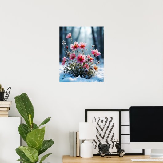 Winterbloei – Roze Cosmos in de Sneeuw Poster (Thuiskantoor)