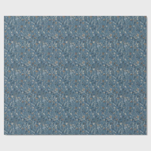 Winterbloemen blauw cadeaupapier (Vlak)