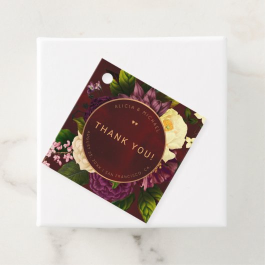 Winterbloemen bordeaux gouden bruiloft dank u bedankjes labels (In situ)