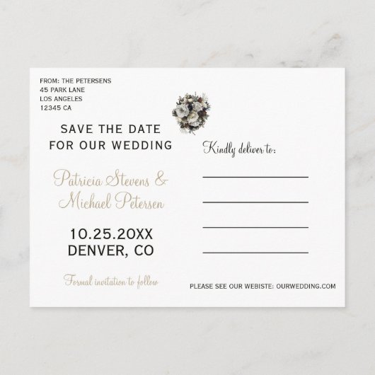 Winterbloemen chic FOTO red de datum bruiloft Aankondigingskaart (Achterkant)