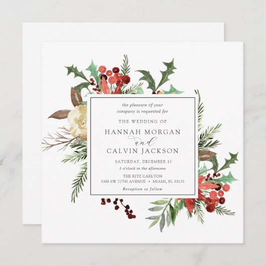 Winterbloemen en Evergreen bruiloft Kaart (Voorkant / Achterkant)