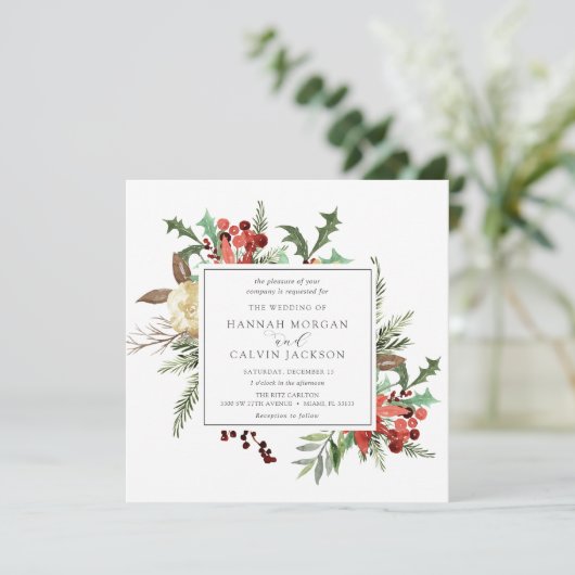 Winterbloemen en Evergreen bruiloft Kaart (Staand voorkant)