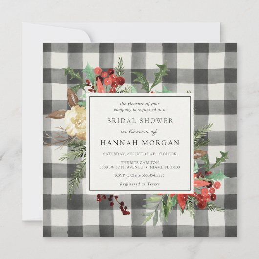 Winterbloemen en Evergreen Plaid Vrijgezellenfeest Kaart (Voorkant)