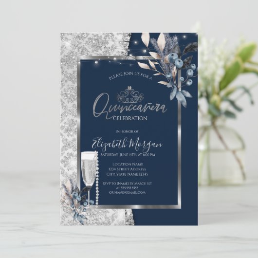 Winterbloemen, Glazen Parels Marine Blauwe Quincea Kaart (Staand voorkant)