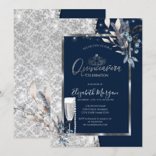 Winterbloemen, glazen parels Navy Blue Quinceanera Kaart