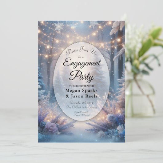 Winterbloemen in Frosted Pines Engagement Party Kaart (Staand voorkant)