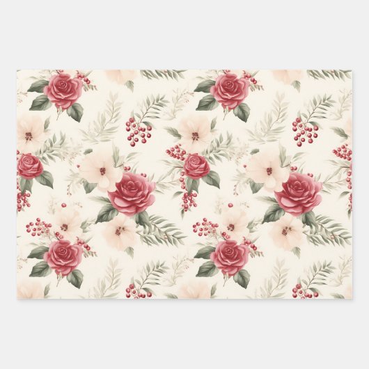 Winterbloemen in Roze Rood en Wit, Kerstmis Inpakpapier Vel (Voorkant 3)