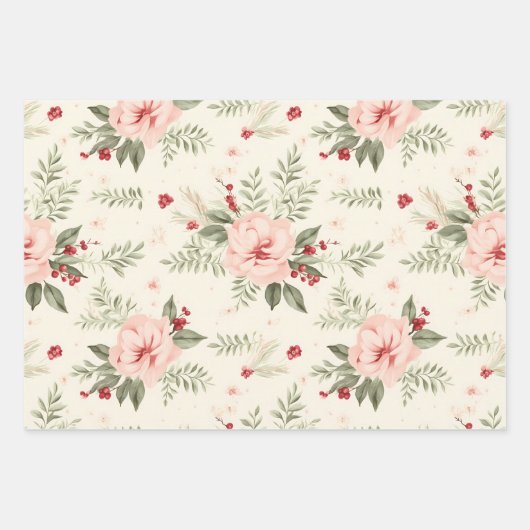 Winterbloemen in Roze Rood en Wit, Kerstmis Inpakpapier Vel (Voorkant)