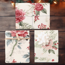 Winterbloemen in Roze Rood en Wit, Kerstmis Inpakpapier Vel