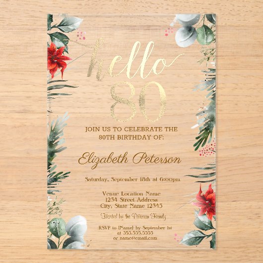 Winterbloemen Poinsettia 80e verjaardag Acryl Uitnodigingen (Voorkant)