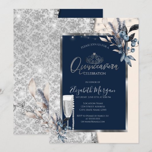 Winterbloemen, Prosecco Navy Blue Quinceanera Kaart (Voorkant / Achterkant)